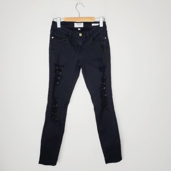 FRAME Le Skinny de  Jeanne Black Distressed Modern Skinny Jeans - Picture 3 of 10